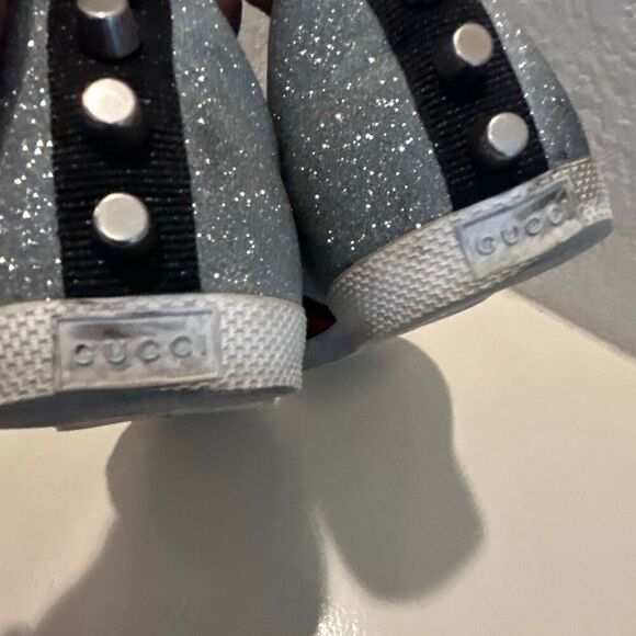 Gucci Women's 9.5 Bambi Webb Metallic Sneakers Silver Blue Red Icon Stripe Disco - Picture 9 of 16